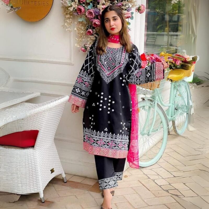 3 Pcs Women's Stitched Katan Silk Embroidered Suit