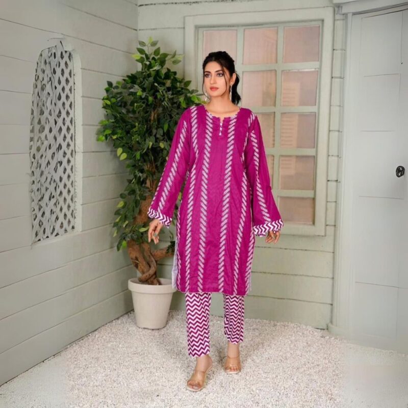 2 Pcs Women's Stitched Linen Printed Suit - Image 2