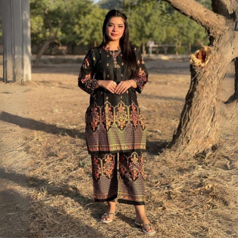 2 Pcs Women's Stitched Lawn Embroidered Suit - Image 2