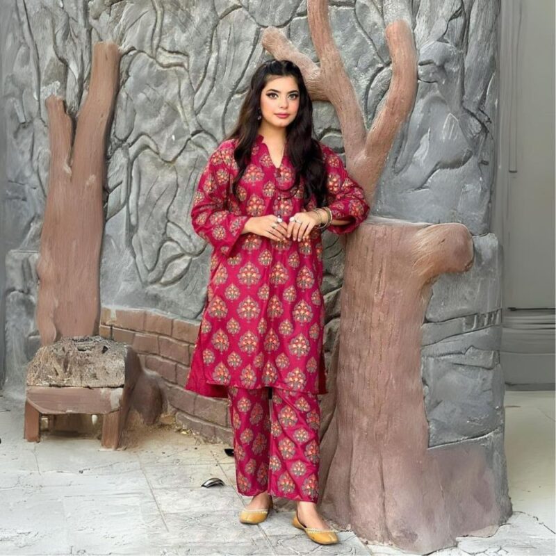 2 Pcs Women's Stitched Arabic Linen Block Printed Shirt And Trouser - Image 2