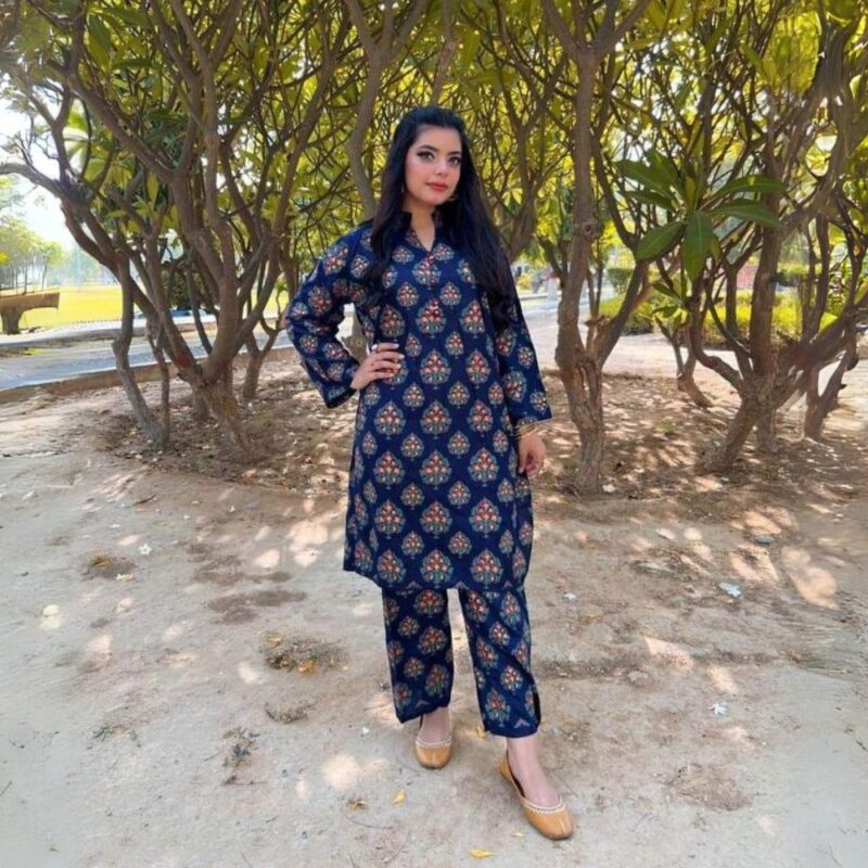 2 Pcs Women's Stitched Arabic Linen Block Printed Shirt And Trouser - Image 3