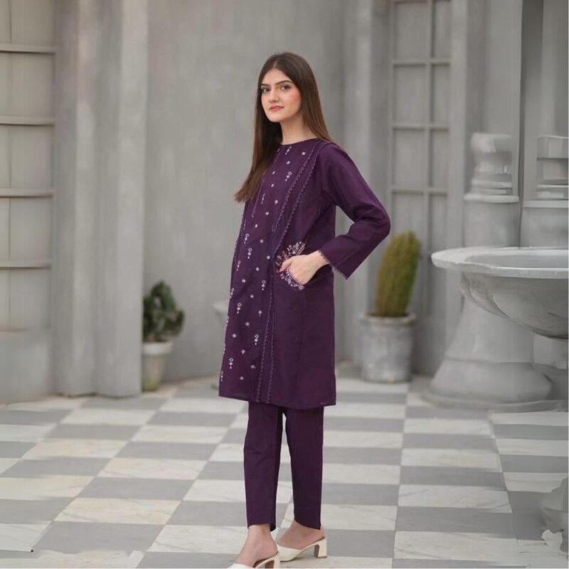 2 Pcs Women's Stitched Linen Embroidered Shirt And Trouser - Image 2