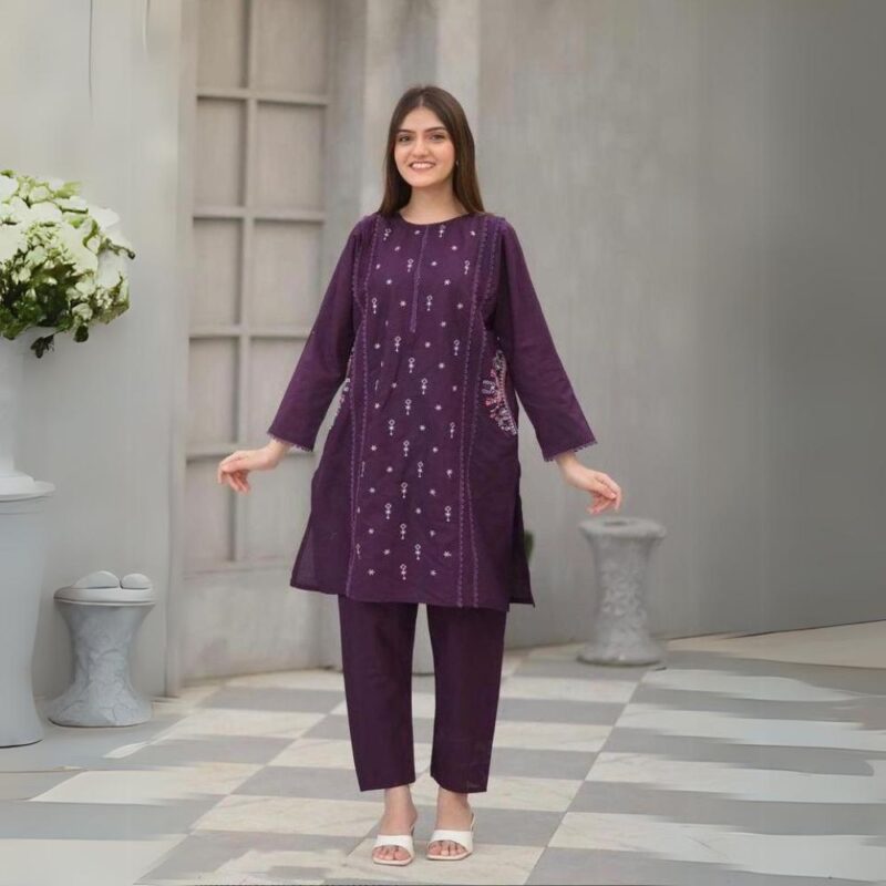 2 Pcs Women's Stitched Linen Embroidered Shirt And Trouser