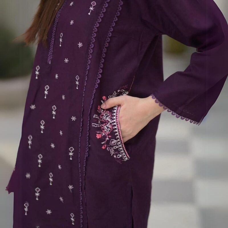 2 Pcs Women's Stitched Linen Embroidered Shirt And Trouser - Image 3